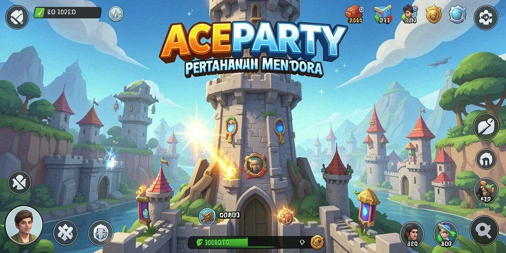 Tampilan tangkapan layar utama gameplay Tower Defense ACEPARTY.