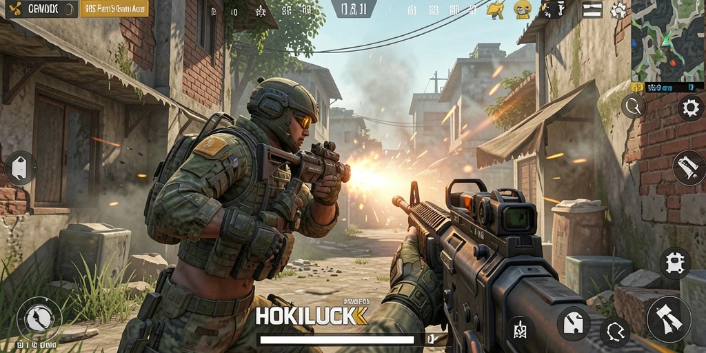 Tangkapan layar HOKILUCK menampilkan aksi intens dalam permainan FPS.