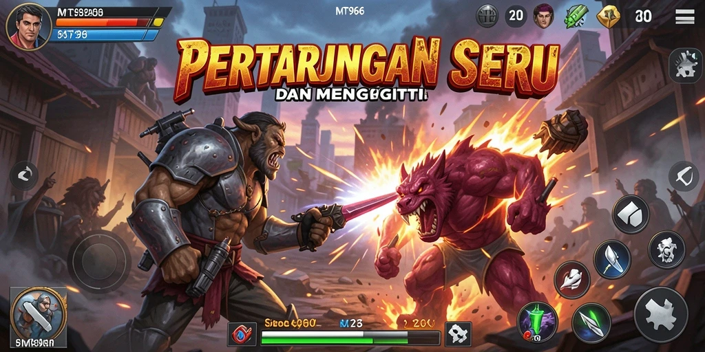 Screenshot gameplay MT966 menampilkan aksi pertarungan yang intens dan seru.