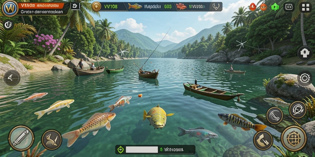 Screenshot gameplay VW108 menunjukkan momen menangkap ikan yang menegangkan dan menarik.